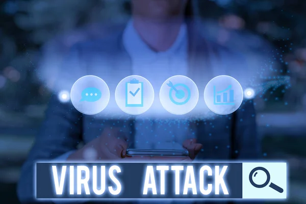 바이러스의 공격을 보여 주는 문자 표지판. 사용자가 허가하지 않은 행동을 수행하는 개념화 된 사진 악성 프로그램. — 스톡 사진