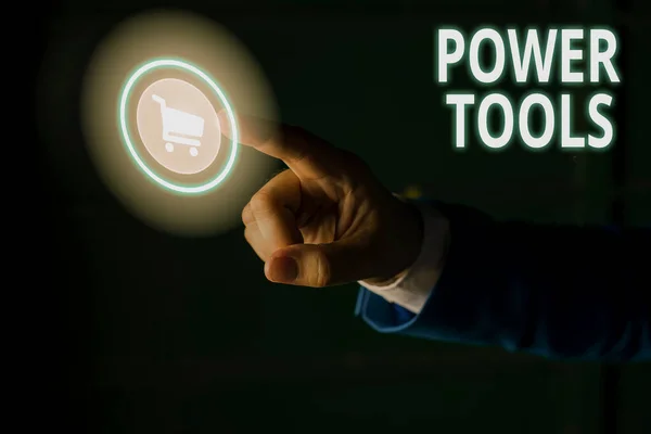 Szövegírás Power Tools. Az eszköz üzleti koncepciója, amelyet további energiaforrás és mechanizmus működtet. — Stock Fotó