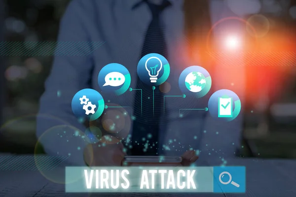 Escritura manual conceptual que muestra ataque de virus. Foto comercial mostrando programa malicioso que realiza acciones no autorizadas por el usuario . — Foto de Stock