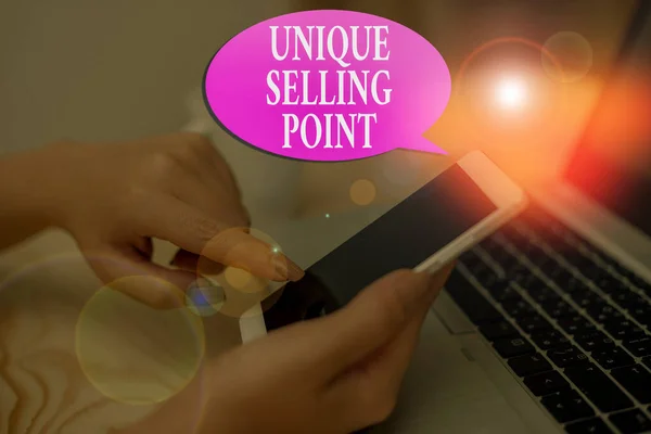 Conceptuele hand schrijven tonen van Unique Selling Point. Zakelijke foto presentatie Differentiate een specifieke producteigenschappen en -voordelen. — Stockfoto