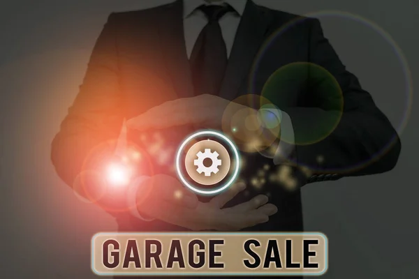 Text sign showing Garage Sale. Conceptual photo sale of miscellaneous household goods often held in the garage.