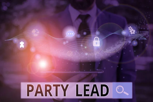 Writing note showing Party Lead. Business photo showcasing acts as the official representative of their political party. — Stock Photo, Image