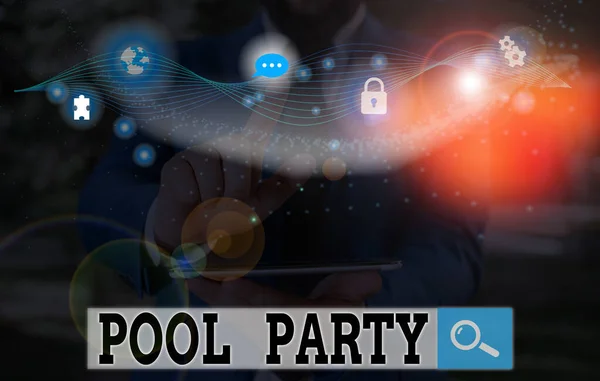 Handschrift tekst schrijven Pool Party. Concept betekent feest met activiteiten in een zwembad. — Stockfoto