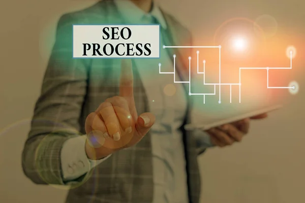 Signo de texto que muestra Seo Process. Pasos conceptuales de fotos para aumentar la calidad y cantidad del tráfico del sitio web . —  Fotos de Stock