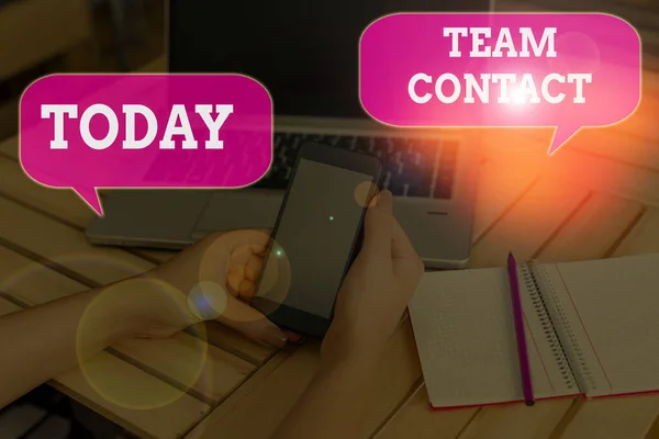 Writing note showing Team Contact. Business photo showcasing The interaction of the individuals on a team or group. — Stock Photo, Image