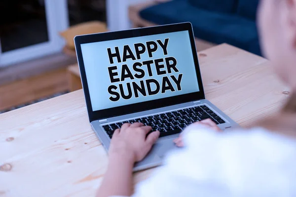 Text sign showing Happy Easter Sunday. Conceptual photo Greeting someone about holidays Spring is coming woman laptop computer smartphone mug office supplies technological devices.