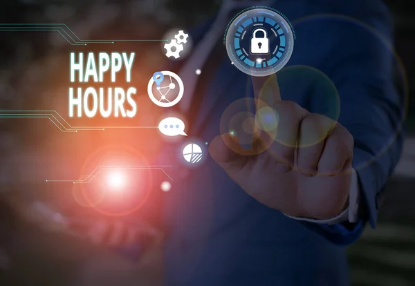 Text sign showing Happy Hours. Conceptual photo when drinks are sold at reduced prices in a bar or restaurant. — Stock Photo, Image