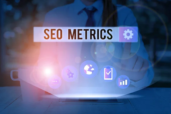 Handschrift tekst schrijven Seo Metrics. Concept betekent meten van de perforanalyse van de website voor organische zoekresultaten. — Stockfoto
