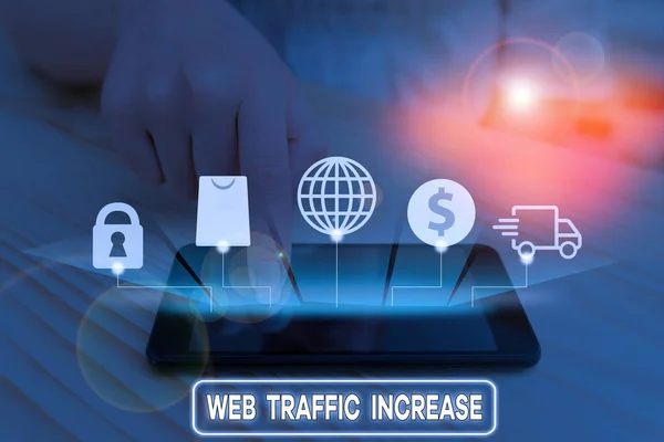 Writing note showing Web Traffic Increase. Business photo showcasing Expand Visitors to a Website a number of Visits.