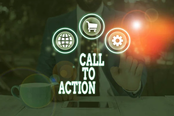 Manuscrito de texto escrevendo Call To Action. Conceito significado Incentivar decisão Mova para avançar estratégia bem sucedida . — Fotografia de Stock