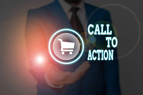 Escrita conceitual mostrando Call To Action. Texto da foto de negócios Incentivar a decisão Avançar estratégia de sucesso . — Fotografia de Stock