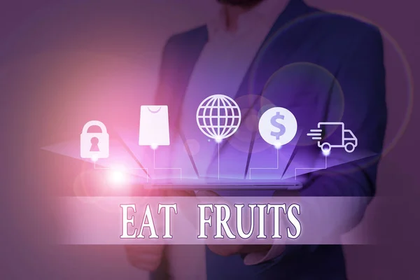 Segno di testo che mostra Mangiare Frutta. Foto concettuale consumano qualsiasi prodotto di crescita vegetale utile per huanalysiss o animali . — Foto Stock