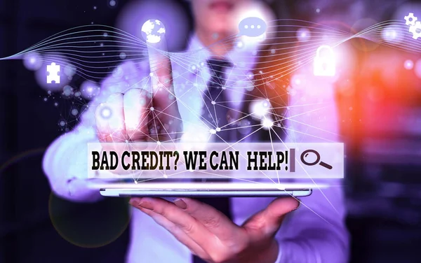 Conceptual hand writing showing Bad Credit Question We Can Help. Business photo showcasing offering help after going for loan then rejected Picture photo network scheme with modern smart device. — Stock Photo, Image