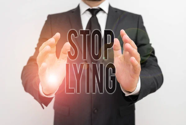 Writing note showing Stop Lying. Business photo showcasing put an end on chronic behavior of compulsive or habitual lying Male human with beard wear formal working suit clothes hand. — Stock Photo, Image