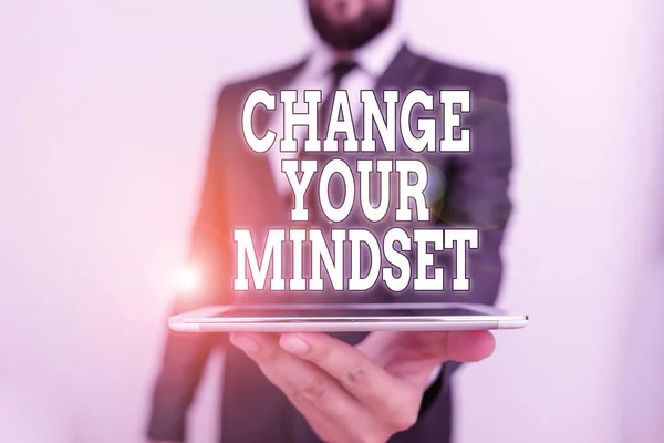 Word writing text Change Your Mindset. Business concept for replace your beliefs way of thinking mental path Male human wear formal work suit hold smart hi tech smartphone use one hand.