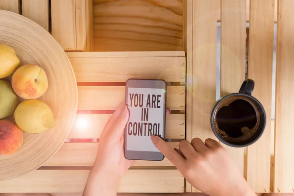 Schrijfbriefje waaruit blijkt dat jij de controle hebt. Zakelijke foto presentatie Verantwoordelijkheid over een situatie Beheersautoriteit vrouw met laptop smartphone en kantoorbenodigdheden technologie. — Stockfoto