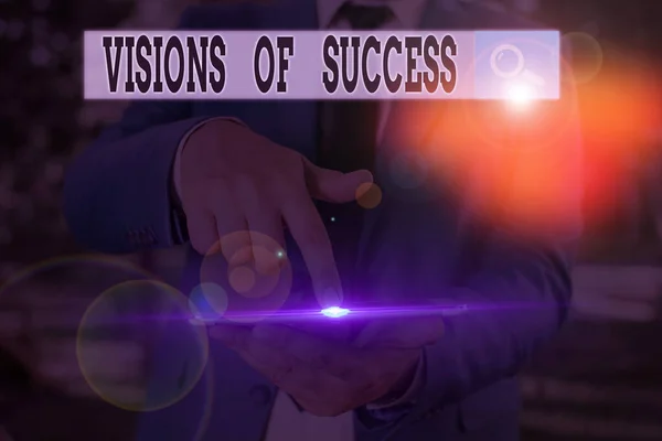 Signo de texto que muestra Visiones de éxito. Foto conceptual Clear End Resultado del Plan de Perspectiva de Objetivos de Propósito . — Foto de Stock