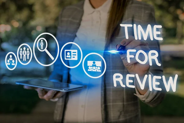 Conceptual hand writing showing Time For Review. Business photo showcasing Evaluation Feedback Moment Perforanalysisce Rate Assess. — Stock Photo, Image