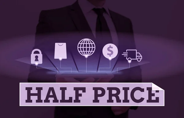 Word writing text Half Price. Business concept for half the usual price at which something is offered for sale.