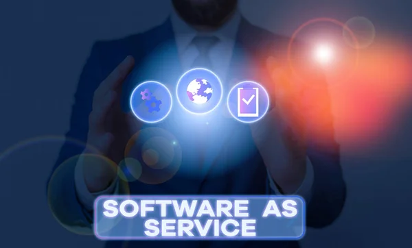 Tekst schrijven Software As Service. Bedrijfsconcept voor On Deanalyisd gelicentieerd op Abonnement en centraal gehost. — Stockfoto
