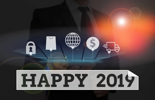 Texto de escritura de palabras Feliz 2019. Concepto de negocio para sentir que muestra o causa placer o satisfacción para 2019 . — Foto de Stock