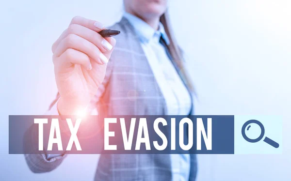 Handwriting text writing Tax Evasion. Concept meaning the failure to pay or the deliberate underpayment of taxes Business woman pointing in empty space with pen.