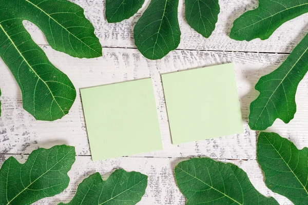 Papír felett elhelyezett klasszikus fa asztal között zöld levelek. Levél körülvevő jelölés papír lap a fa hátterén.Művészeti módja elrendezése lapos fekteti fotózás — Stock Fotó