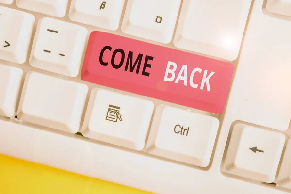 Conceptual hand writing showing Come Back. Business photo text asking for a demonstrating to return place where love ones resides White pc keyboard with note paper above the white background.