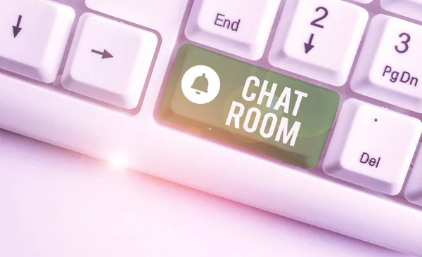 Conceptual hand writing showing Chat Room. Business photo text area on the Internet or computer network where users communicate White pc keyboard with note paper above the white background. — Stock Photo, Image