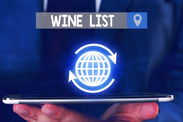 Signo de texto que muestra Wine List. Menú de fotos conceptuales de selecciones de vino para comprar típicamente en un restaurante . — Foto de Stock
