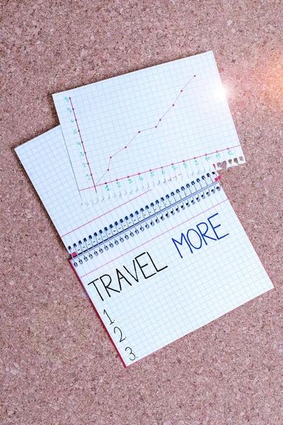 Sinal de texto mostrando Travel More. Foto conceitual Para fazer uma viagem, muitas vezes, especialmente em viagem de longa distância Desk notebook paper office cardboard paperboard study supplies table chart . — Fotografia de Stock