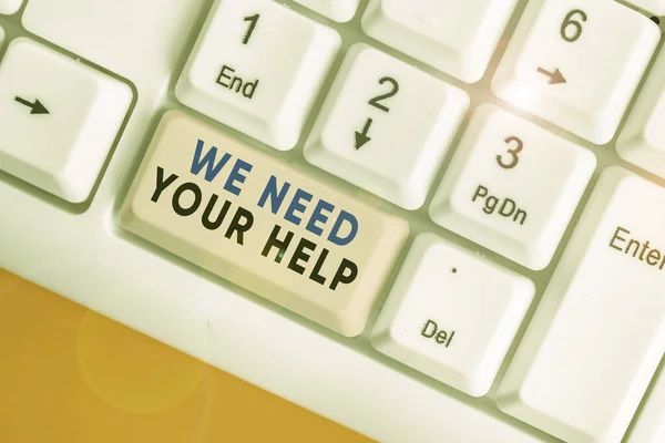 Escrevendo uma nota mostrando que precisamos de sua ajuda. Foto de negócios apresentando Assistência ao Serviço de Apoio Avail Benefit Aid Grant . — Fotografia de Stock