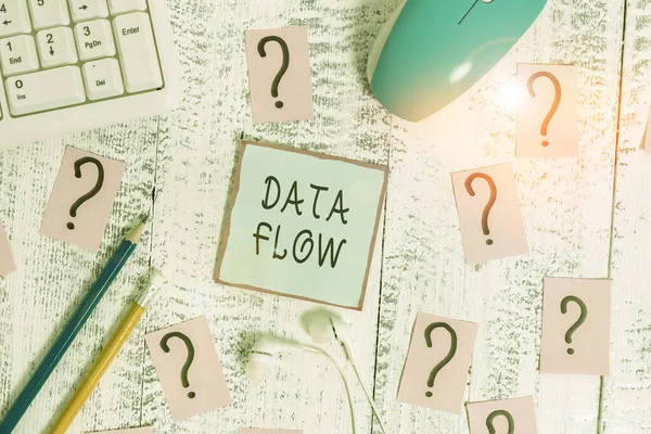 Kelime yazma metni Data Flow. Yazılım yazılımları, bilgisayar araçları ve tahta tablonun üzerine karalanmış kağıtlardan oluşan bir sistem üzerinden veri dolaşımı için iş kavramı. — Stok fotoğraf