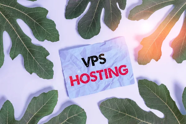 Tulisan tangan konseptual menunjukkan Vps Hosting. Teks foto bisnis meniru server yang didedikasikan di lingkungan hosting bersama Daun catatan di sekitar meja pastel yang kosong . — Stok Foto