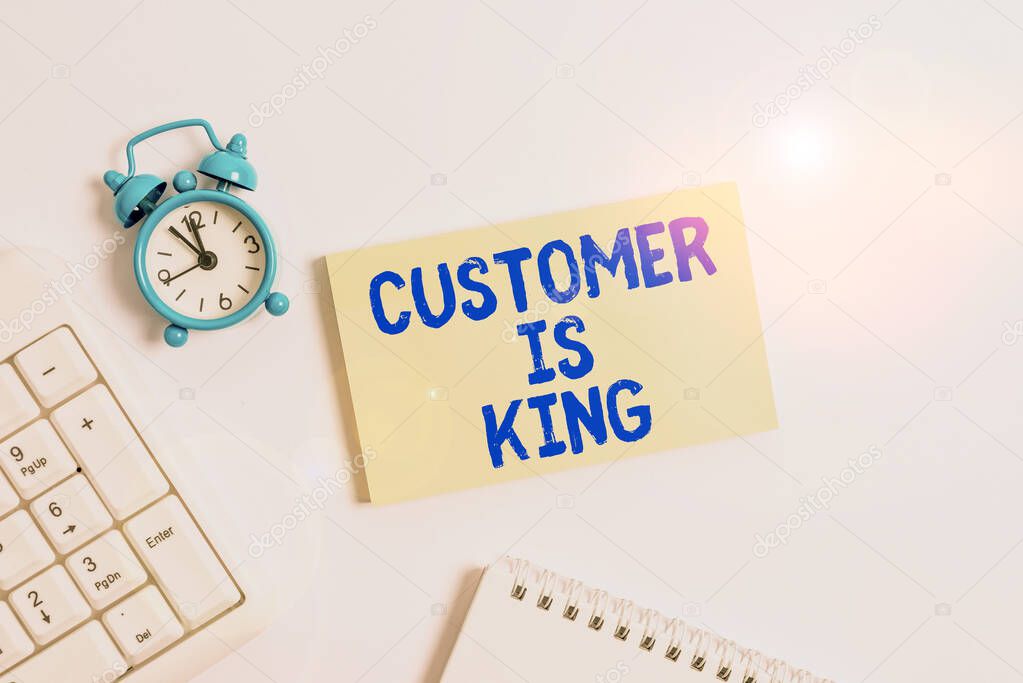 Conceptual hand writing showing Customer Is King. Business photo text Serve attentively and properly Deliver the needs urgently Keyboard with empty note paper and pencil white background.