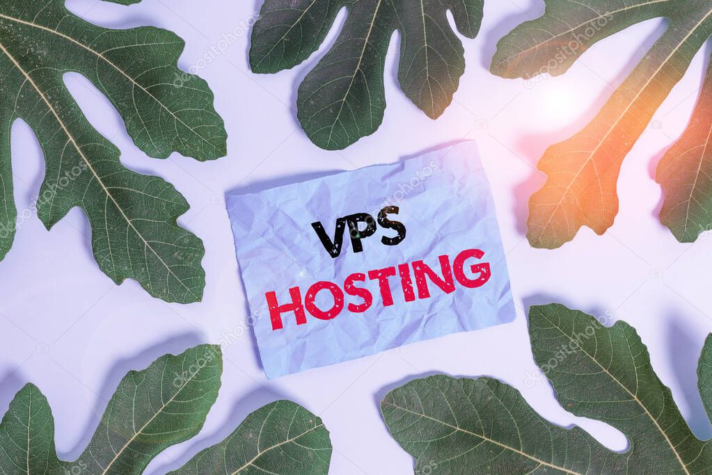 Conceptual hand writing showing Vps Hosting. Business photo text mimics a dedicated server within a shared hosting environment Leaves surrounding notepaper above empty soft pastel table.