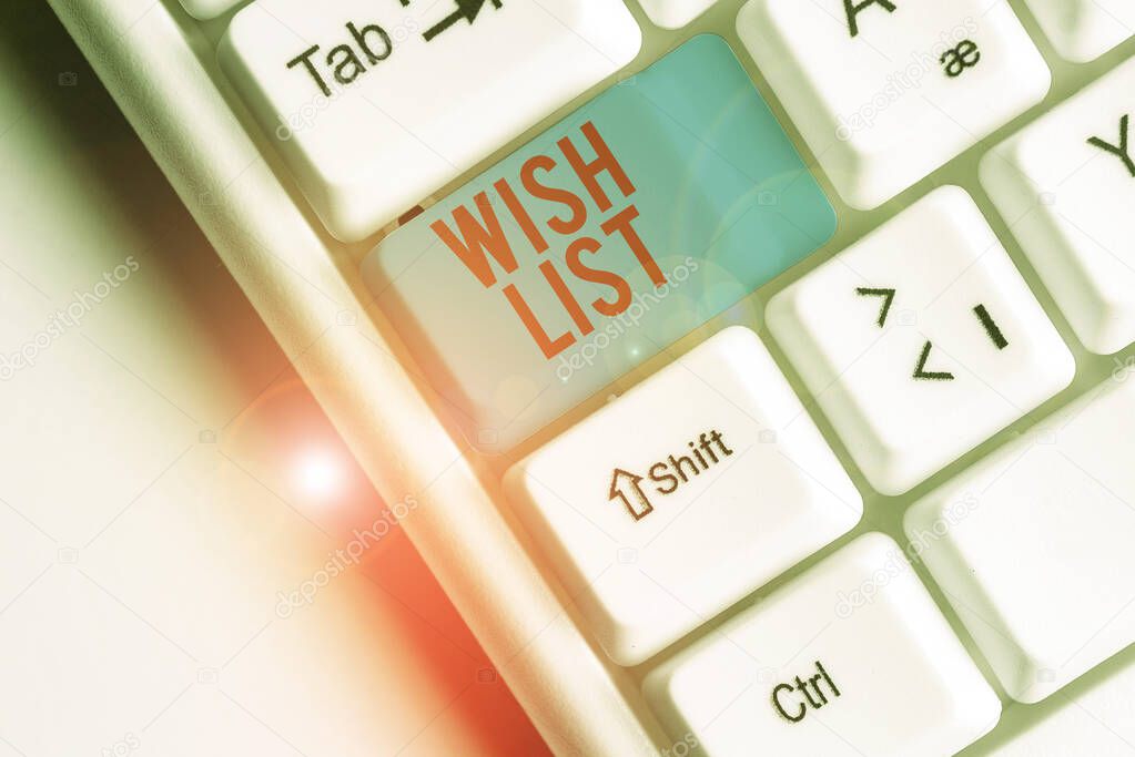 Writing note showing Wish List. Business photo showcasing List of desired but often realistically unobtainable items.