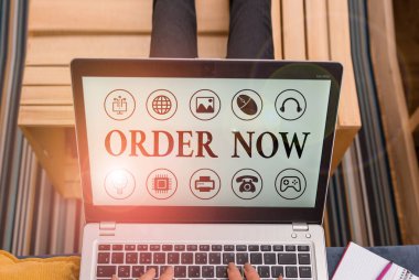 Word writing text Order Now. Business concept for confirmed request by one party to another for buying selling.