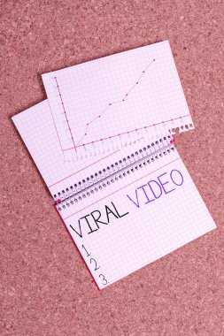 Text sign showing Viral Video. Conceptual photo the video that becomes popular through internet sharing Desk notebook paper office cardboard paperboard study supplies table chart.