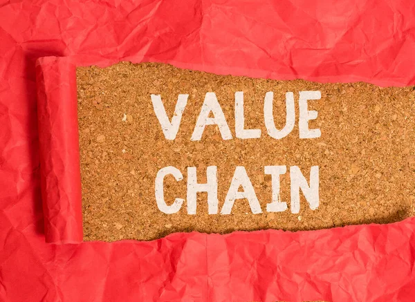 Handwriting text Value Chain. Concept meaning process or activities by which company adds value to an article Cardboard which is torn in the middle placed above a wooden classic table.
