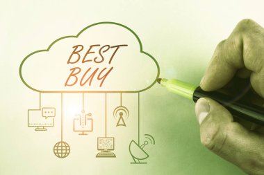 Best Buy 'ı gösteren kavramsal el yazısı. Bir ürünün maliyeti ve kalitesinin en avantajlı kombinasyonunu gösteren iş fotoğrafı.