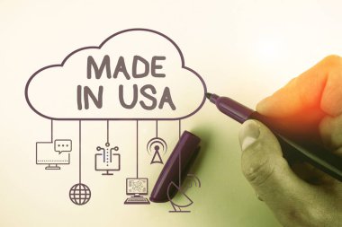 ABD'de yapılan gösterilen not yazma. Amerikan markası Amerika Birleşik Devletleri üretilen yerel ürün tanıtımları iş fotoğraf.