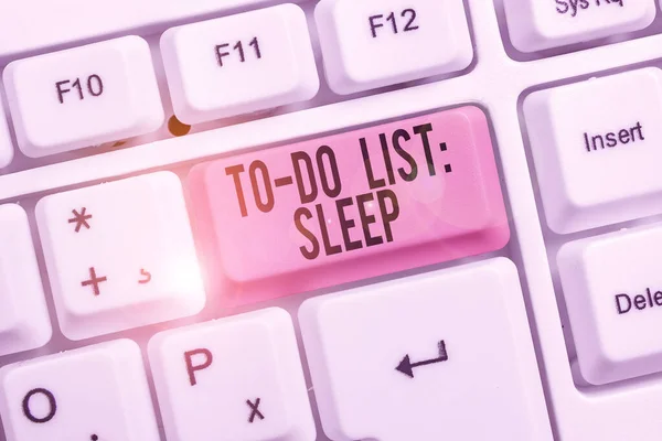 Writing note showing To Do List Sleep. Business photo showcasing Things to be done Priority object is to take a rest Keyboard with note paper on white background key copy space.