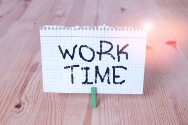 Word writing text Work Time. Business concept for period starts when temporary workers are engaged at a worksite Empty reminder wooden floor background green clothespin groove slot office.