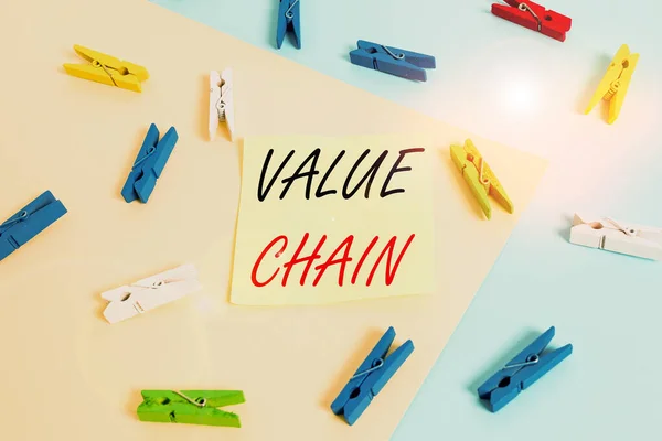 Word writing text Value Chain. Business concept for process or activities by which company adds value to an article Colored clothespin paper empty reminder yellow blue floor background office.