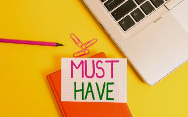 Must Have Have 'ı gösteren bir not yazıyorum. İş fotoğrafında modern bir şey gösteriliyor. Analiz sonucu Laptop 'ın temel öğesini istiyor. Kalem kâğıdı kapağı, sert kapak, defter rengi arka plan..