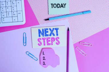 Writing note showing Next Steps. Business photo showcasing numper of process going to be made after current one planning Writing equipments and computer stuffs placed above colored plain table.