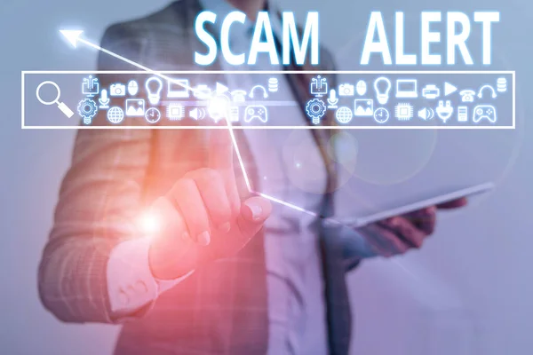 Sinal de texto mostrando Scam Alert. Foto conceitual avisando alguém sobre esquema ou fraude notar qualquer incomum . — Fotografia de Stock