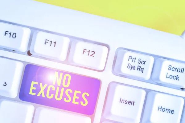 Text sign showing No Excuses. Conceptual photo should not happen or expressing disapproval that it has happened White pc keyboard with empty note paper above white background key copy space. — Stockfoto