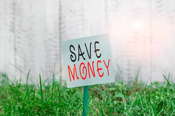 Text sign showing Save Money. Conceptual photo store some of your cash every month to use them sometime later Plain empty paper attached to a stick and placed in the green grassy land. — Stock Photo, Image